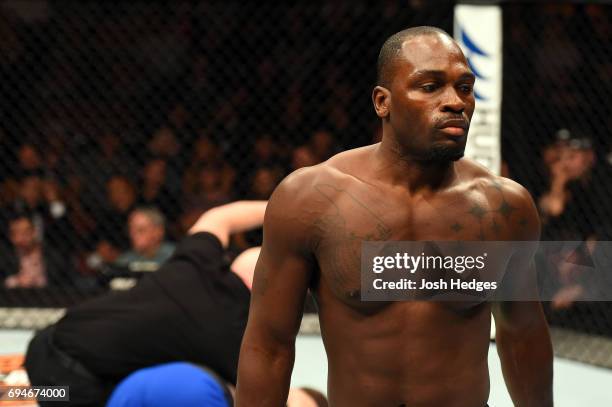 Derek Brunson reacts after defeating Daniel Kelly of Australia by KO in their middleweight fight during the UFC Fight Night event at the Spark Arena...