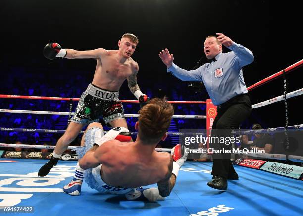 Paul Hyland Jr of Northern Ireland knocks out Adam Dingsdale of England during the vacant IBF Eastern/Western Europe Lightweight Championship bout at...