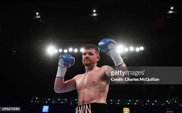 Paddy Gallagher celebrates after his victory over Craig Kelly following their Light-Heavyweight contest at the SSE Arena Belfast on June 10, 2017 in...