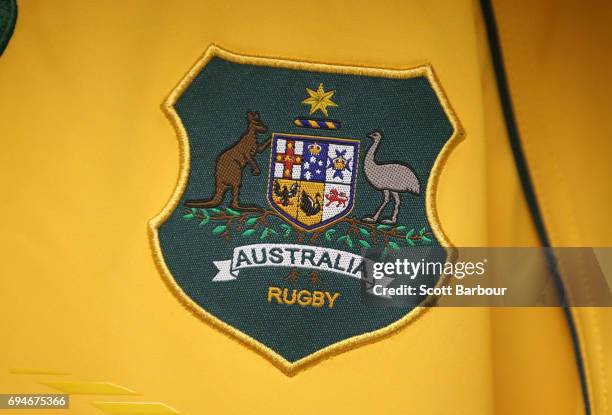 Detail of the Australia Rugby emblem on a Wallabies jersey in the Australian dressing room prior to the International Test match between the...