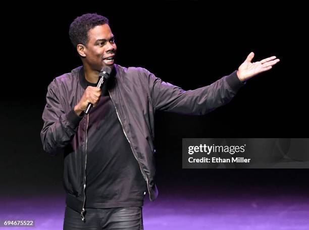 Comedian/actor Chris Rock performs his stand-up comedy routine during a stop of his Total Blackout tour at Park Theater at Monte Carlo Resort and...