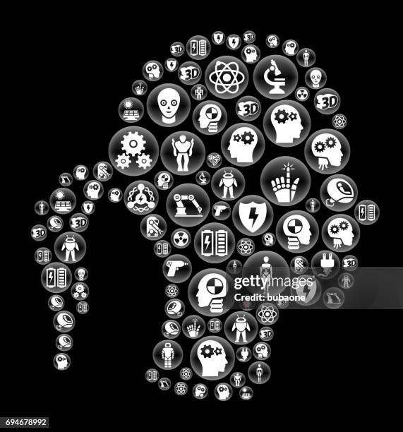 female head robots and robotics black vector button pattern - human exoskeleton stock illustrations