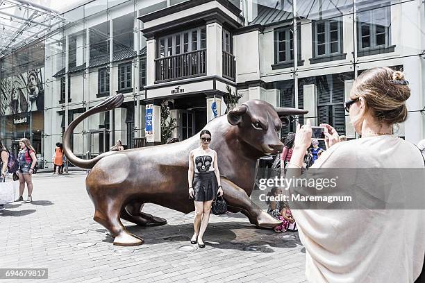 taking photos near the bronze bull (the guardian) - cattle call stock pictures, royalty-free photos & images