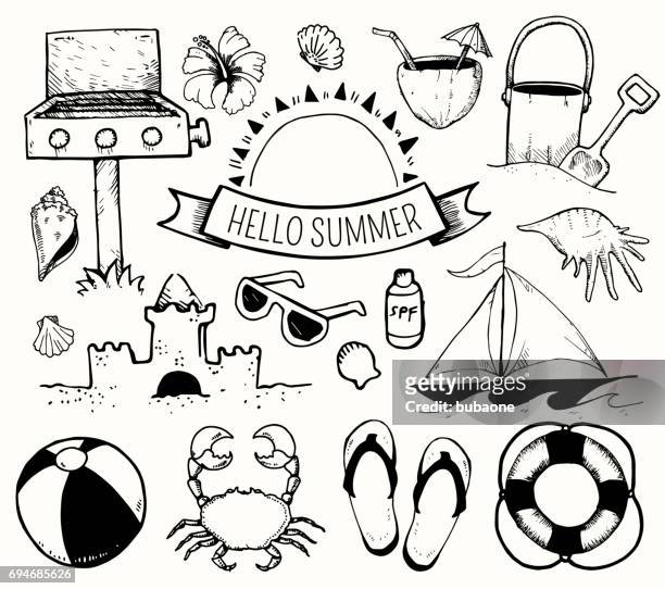 beach and summer vector ink doodles on white background - sport set competition round stock illustrations