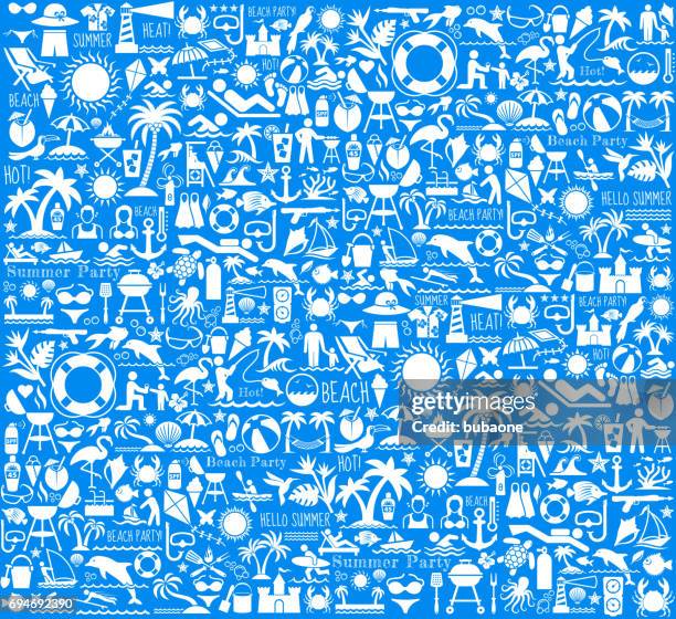 summer beach day vector pattern on blue background - flower bucket stock illustrations