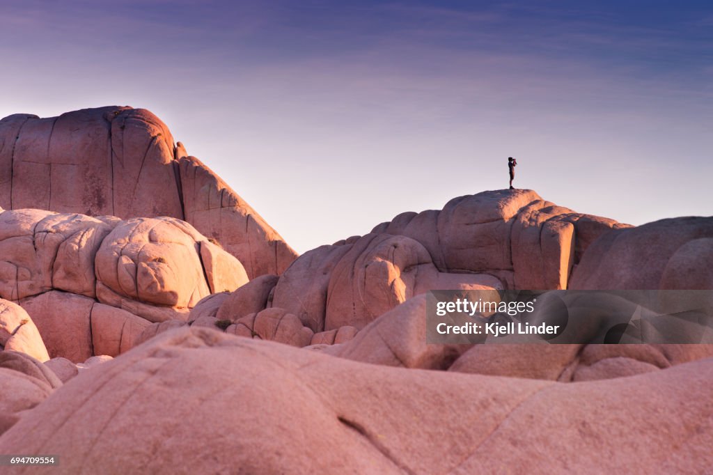 Man overlooks Joshua Tree boulders during sunset