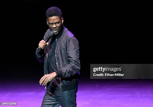 Comedian/actor Chris Rock performs his stand-up comedy routine during a stop of his Total Blackout tour at Park Theater at Monte Carlo Resort and...