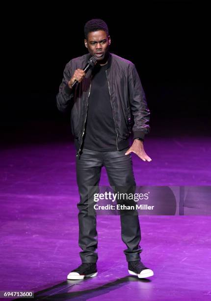 Comedian/actor Chris Rock performs his stand-up comedy routine during a stop of his Total Blackout tour at Park Theater at Monte Carlo Resort and...