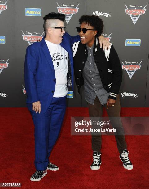 Actresses Lea DeLaria and Samira Wiley attend the premiere of "Cars 3" at Anaheim Convention Center on June 10, 2017 in Anaheim, California.