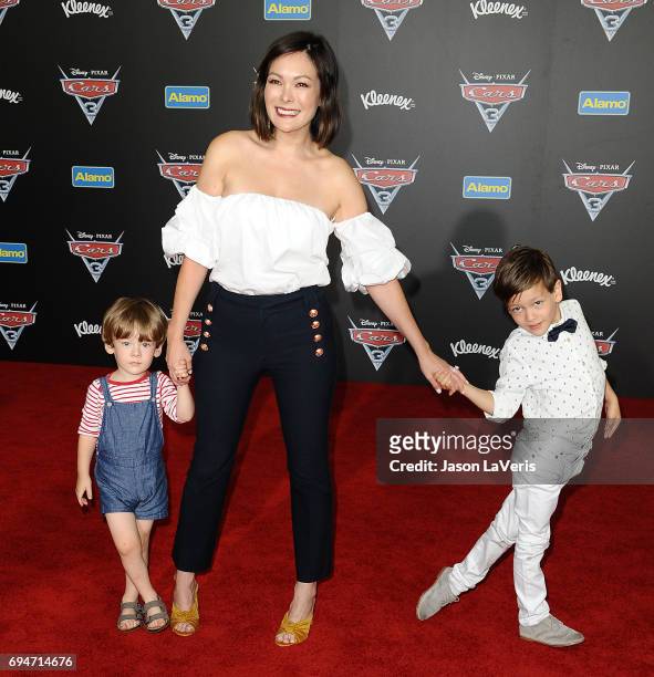 Actress Lindsay Price and children Emerson Spencer Stone and Hudson Stone attend the premiere of "Cars 3" at Anaheim Convention Center on June 10,...