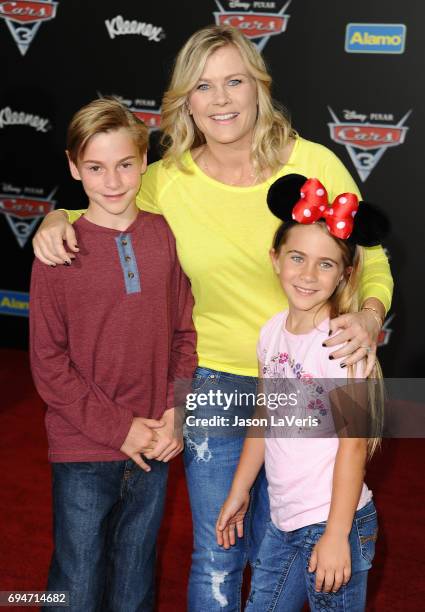 Actress Alison Sweeney and children Benjamin Sanov and Megan Sanov attend the premiere of "Cars 3" at Anaheim Convention Center on June 10, 2017 in...