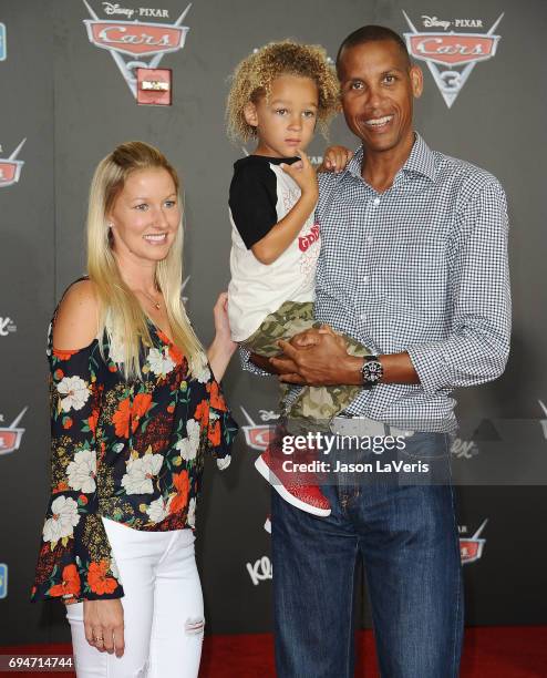 Former NBA player Reggie Miller and son Ryker Miller attend the premiere of "Cars 3" at Anaheim Convention Center on June 10, 2017 in Anaheim,...