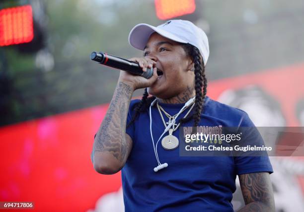 Rapper Young M.A performs at the LA Pride Music Festival and Parade 2017 on June 10, 2017 in West Hollywood, California.