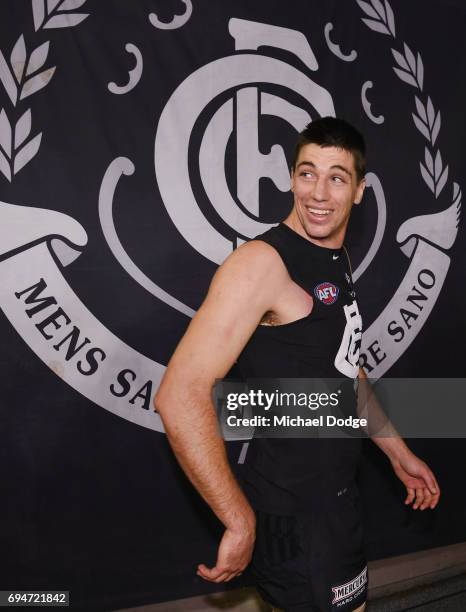 Matthew Kreuzer of the Blues celebrates the win during the round 12 AFL match between the Carlton Blues and the Greater Western Sydney Giants at...