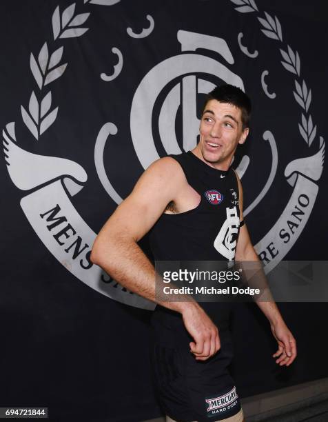 Matthew Kreuzer of the Blues celebrates the win during the round 12 AFL match between the Carlton Blues and the Greater Western Sydney Giants at...