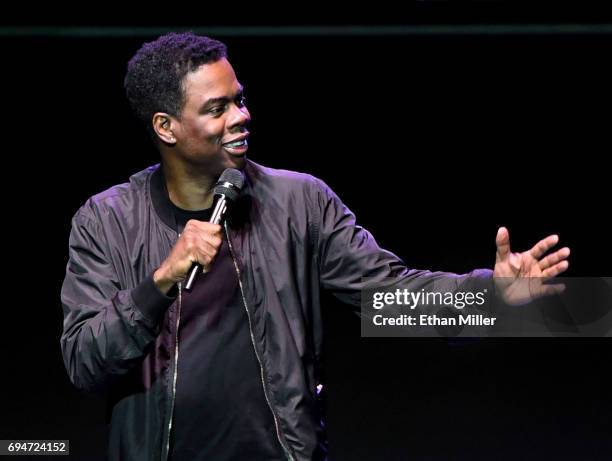 Comedian/actor Chris Rock performs his stand-up comedy routine during a stop of his Total Blackout tour at Park Theater at Monte Carlo Resort and...