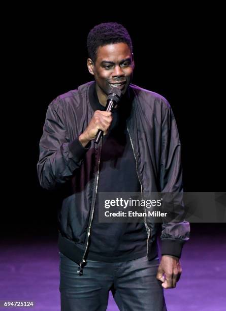 Comedian/actor Chris Rock performs his stand-up comedy routine during a stop of his Total Blackout tour at Park Theater at Monte Carlo Resort and...