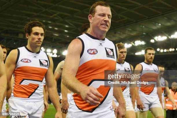 Steve Johnson of the Giants looks dejected after defeat during the round 12 AFL match between the Carlton Blues and the Greater Western Sydney Giants...