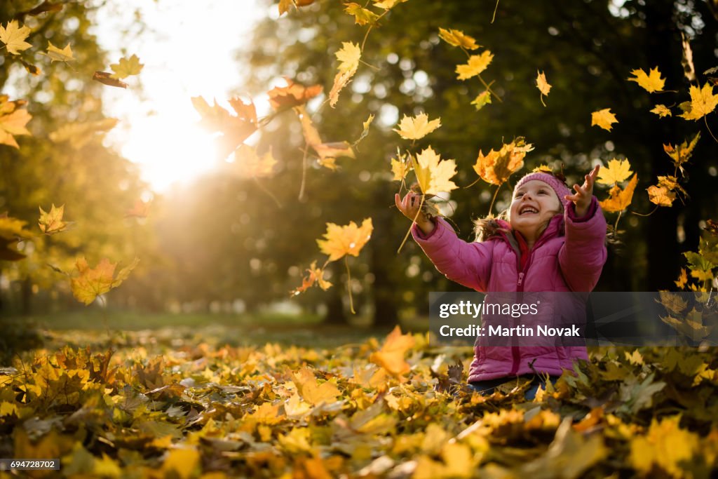 Playful kid throwing up leaves in park