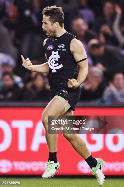 Matthew Wright of the Blues celebrates a goal during the round 12 AFL match between the Carlton Blues and the Greater Western Sydney Giants at Etihad...