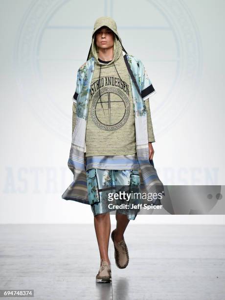 Model walks the runway at the Astrid Andersen show during the London Fashion Week Men's June 2017 collections on June 11, 2017 in London, England.