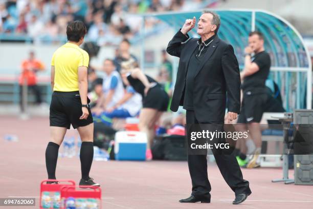 Head coach Bruno Bini of China reacts during the Friendly International Women 2017 between China and Finland at Changzhou Olympic Sports Center on...