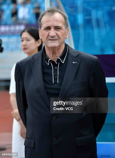 Head coach Bruno Bini of China reacts during the Friendly International Women 2017 between China and Finland at Changzhou Olympic Sports Center on...