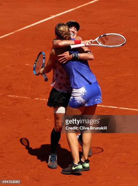 Winners, Bethanie Mattek-Sands of The United States and Lucie Safarova of The Czech Republic celebrate victory following the ladies doubles final...