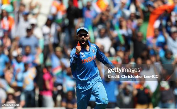 Virat Kohli of India celebrates running out David Miller of South Africa during the ICC Champions Trophy Group B match between India and South Africa...
