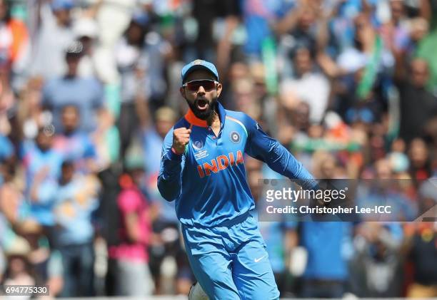 Virat Kohli of India celebrates running out David Miller of South Africa during the ICC Champions Trophy Group B match between India and South Africa...