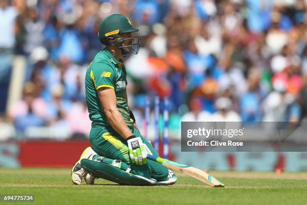 David Miller of South Africa looks on after the running out during the ICC Champions trophy cricket match between India and South Africa at The Oval...