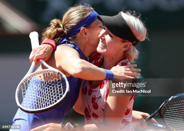 Bethany Mattek-Sands of United States and Lucie Safarova of Czech Republic celebrate victory over Ashleigh Barty and Casey Dellacqua of Australia in...
