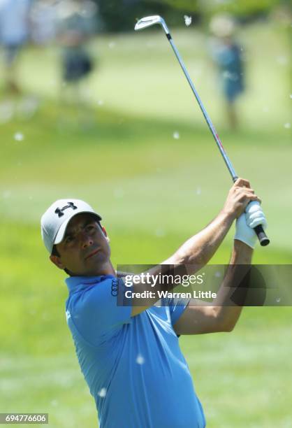 Felipe Aguilar of Chile plays his second shot on the 10th hole during the final round on day four of the Lyoness Open at Diamond Country Club on June...