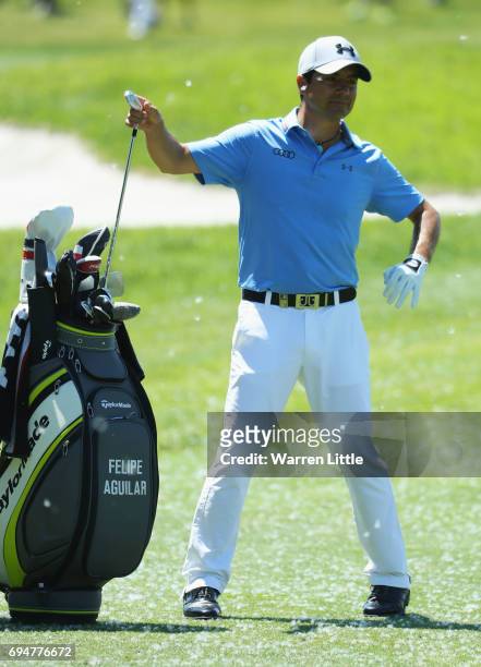 Felipe Aguilar of Chile selects a club on the 10th hole during the final round on day four of the Lyoness Open at Diamond Country Club on June 11,...