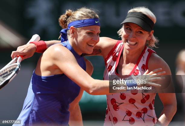 Bethany Mattek-Sands of United States and Lucie Safarova of Czech Republic celebrate victory over Ashleigh Barty and Casey Dellacqua of Australia in...