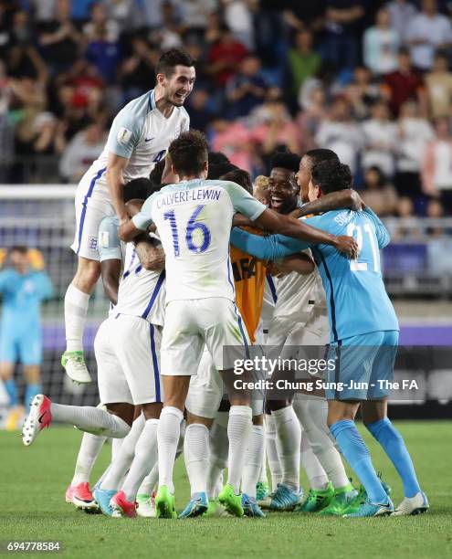 England players celebrate victory after the FIFA U-20 World Cup Korea Republic 2017 Final between Venezuela and England at Suwon World Cup Stadium on...