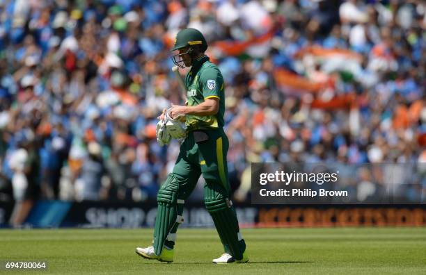 De Villiers of South Africa leaves the field after being run out during the ICC Champions Trophy match between India and South Africa at the Kia Oval...