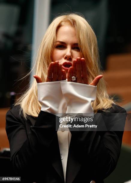 Nicole Kidman is pictured inside Court Philippe Chatrier prior to the mens singles final between Rafael Nadal of Spain and Stan Wawrinka of...