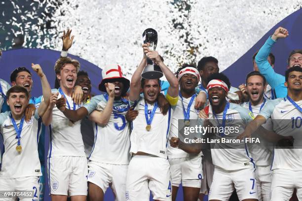 Captain Lewis Cook of England lifts the trophy in victory after the FIFA U-20 World Cup Korea Republic 2017 Final between Venezuela and England at...