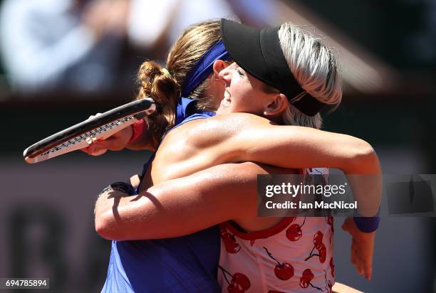 Bethany Mattek-Sands of United States and Lucie Safarova of Czech Republic celebrate victory over Ashleigh Barty and Casey Dellacqua of Australia in...