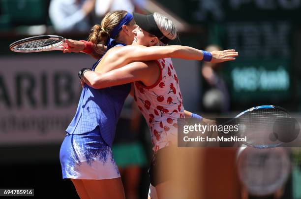 Bethany Mattek-Sands of United States and Lucie Safarova of Czech Republic celebrate victory over Ashleigh Barty and Casey Dellacqua of Australia in...