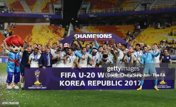 England players celebrate victory with the trophy after the FIFA U-20 World Cup Korea Republic 2017 Final between Venezuela and England at Suwon...
