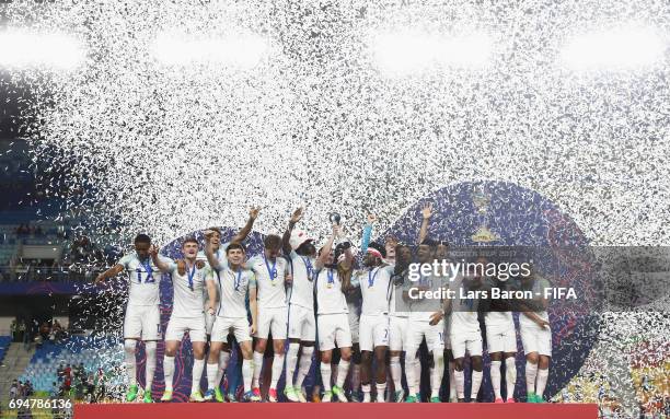 Captain Lewis Cook of England lifts the trophy in victory with team mates after the FIFA U-20 World Cup Korea Republic 2017 Final between Venezuela...