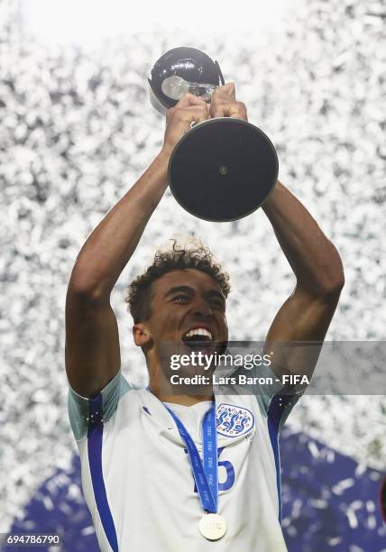 Dominic Calvert-Lewin of England lifts the trophy in victory after the FIFA U-20 World Cup Korea Republic 2017 Final between Venezuela and England at...