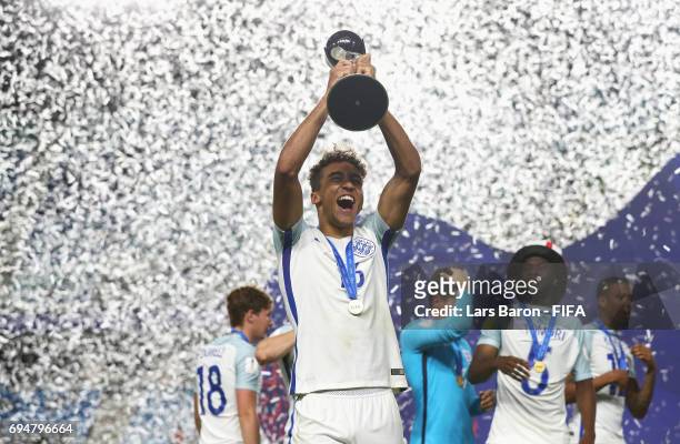 Dominic Calvert-Lewin of England lifts the trophy in victory after the FIFA U-20 World Cup Korea Republic 2017 Final between Venezuela and England at...