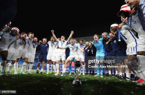 England players celebrate victory after the FIFA U-20 World Cup Korea Republic 2017 Final between Venezuela and England at Suwon World Cup Stadium on...
