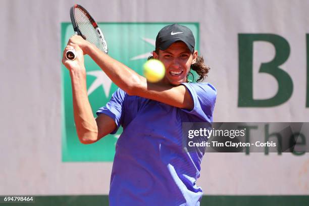 French Open Tennis Tournament - Day Fourteen. Alexei Popyrin of Australian defeating Nicola Kuhn of Spain to win the Boy's Singles Final match on...