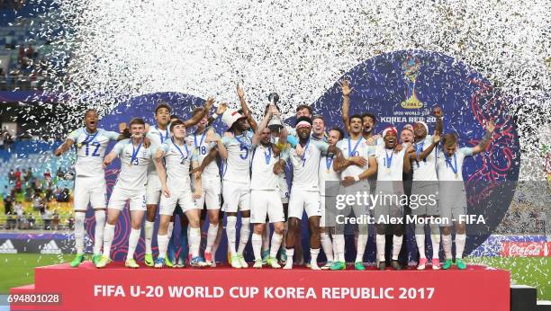 Captain Lewis Cook of England lifts the trophy in victory with team mates after the FIFA U-20 World Cup Korea Republic 2017 Final between Venezuela...