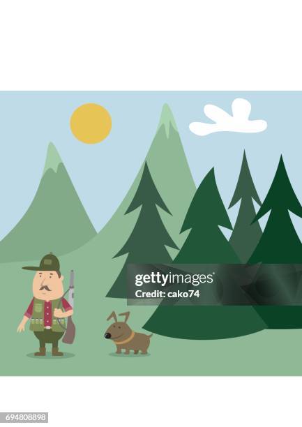 ilustraciones, imágenes clip art, dibujos animados e iconos de stock de cazador con perro de dibujos animados - turkey hunting