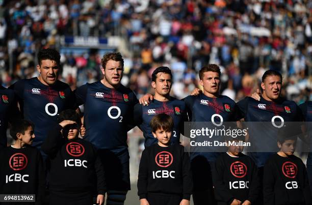 Charlie Ewels, Joe Launchbury, Alex Lozowski, Henry Slade and Harry Williams of England sing the national anthem during the ICBC Cup match between...